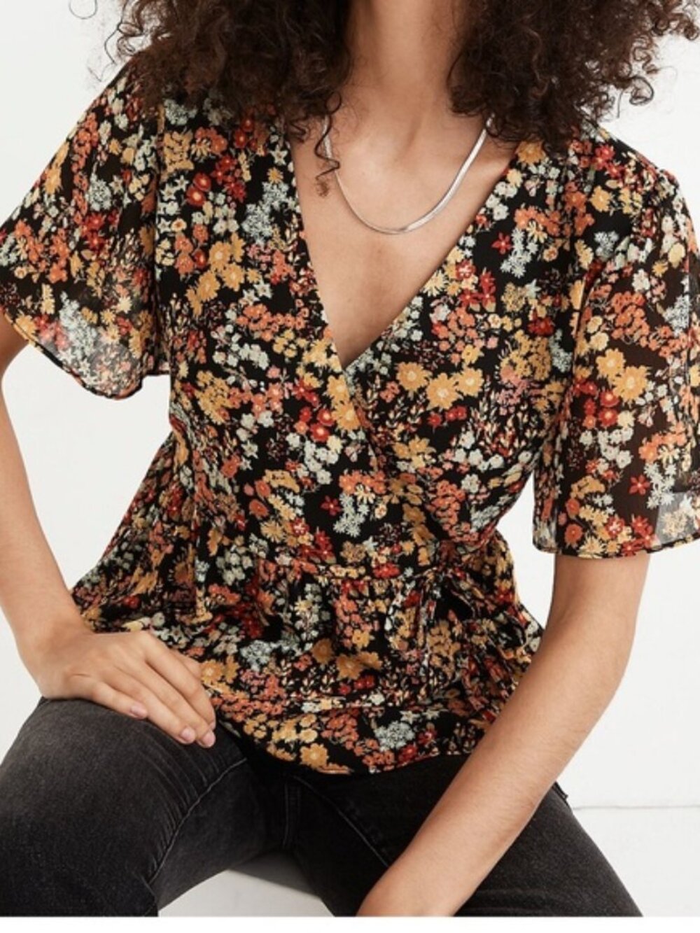 Madewell Short-Sleeve Peplum Wrap Top in Flower Garden Sz S